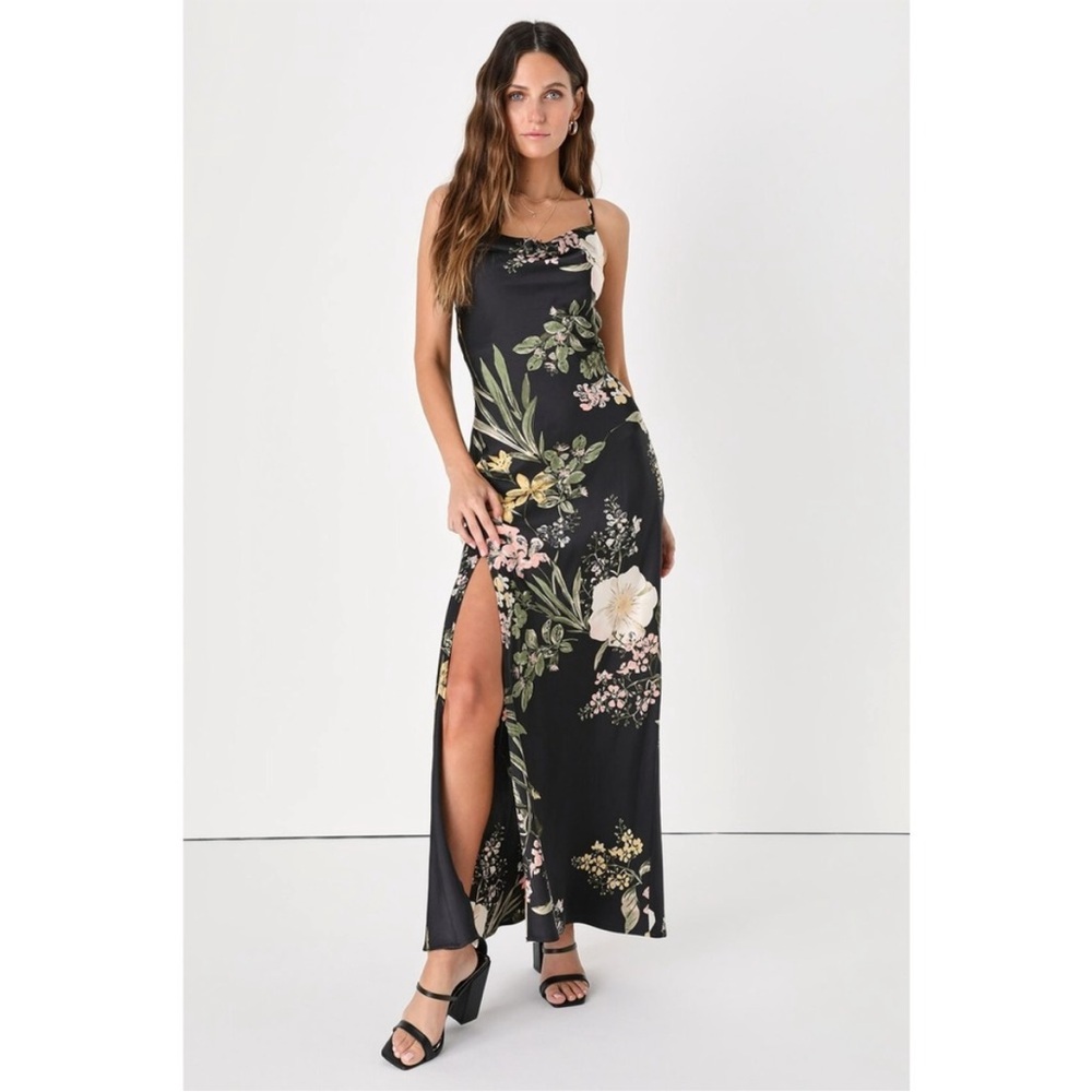 Lulus All About the Drama Black Floral Satin Cowl Neck Maxi Dress Women's Large